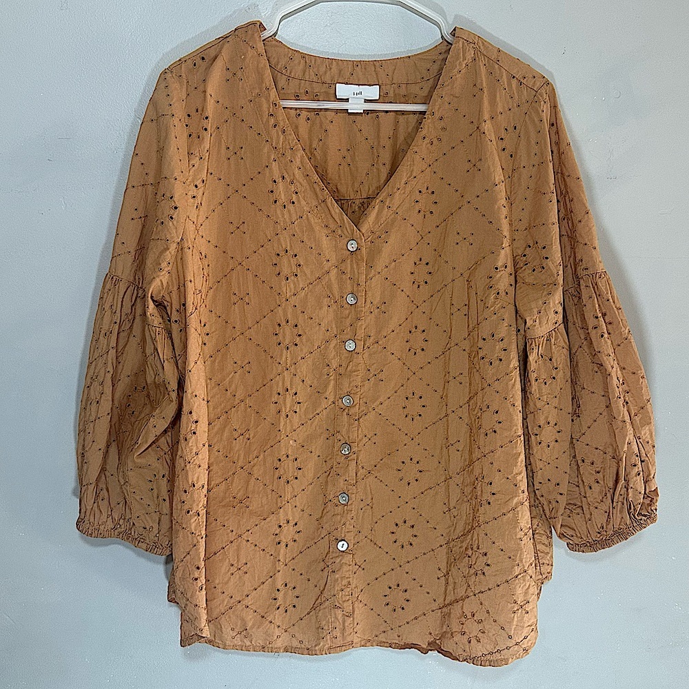 J. Jill Balloon Sleeve Eyelet Button Down Blouse 100% Cotton